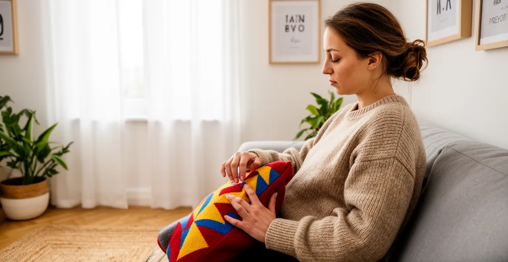 Femme ajustant un coussin coloré sur un canapé