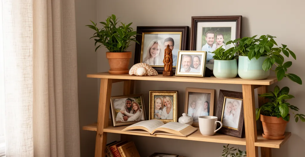 Étagère décorée avec cadres photos plantes et objets souvenirs