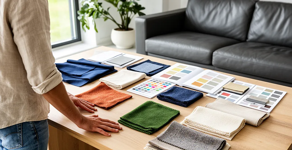 Personne observant des échantillons de tissus et couleurs sur une table