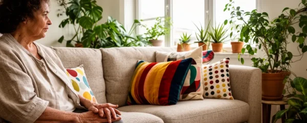 Personne assise admirant son salon décoré avec coussins colorés et plantes