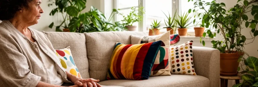 Personne assise admirant son salon décoré avec coussins colorés et plantes