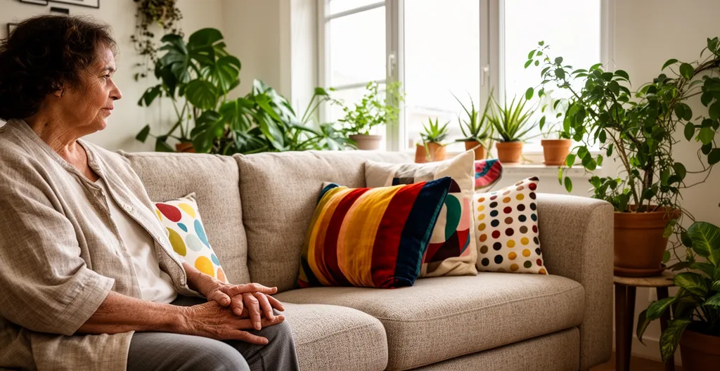 Personne assise admirant son salon décoré avec coussins colorés et plantes