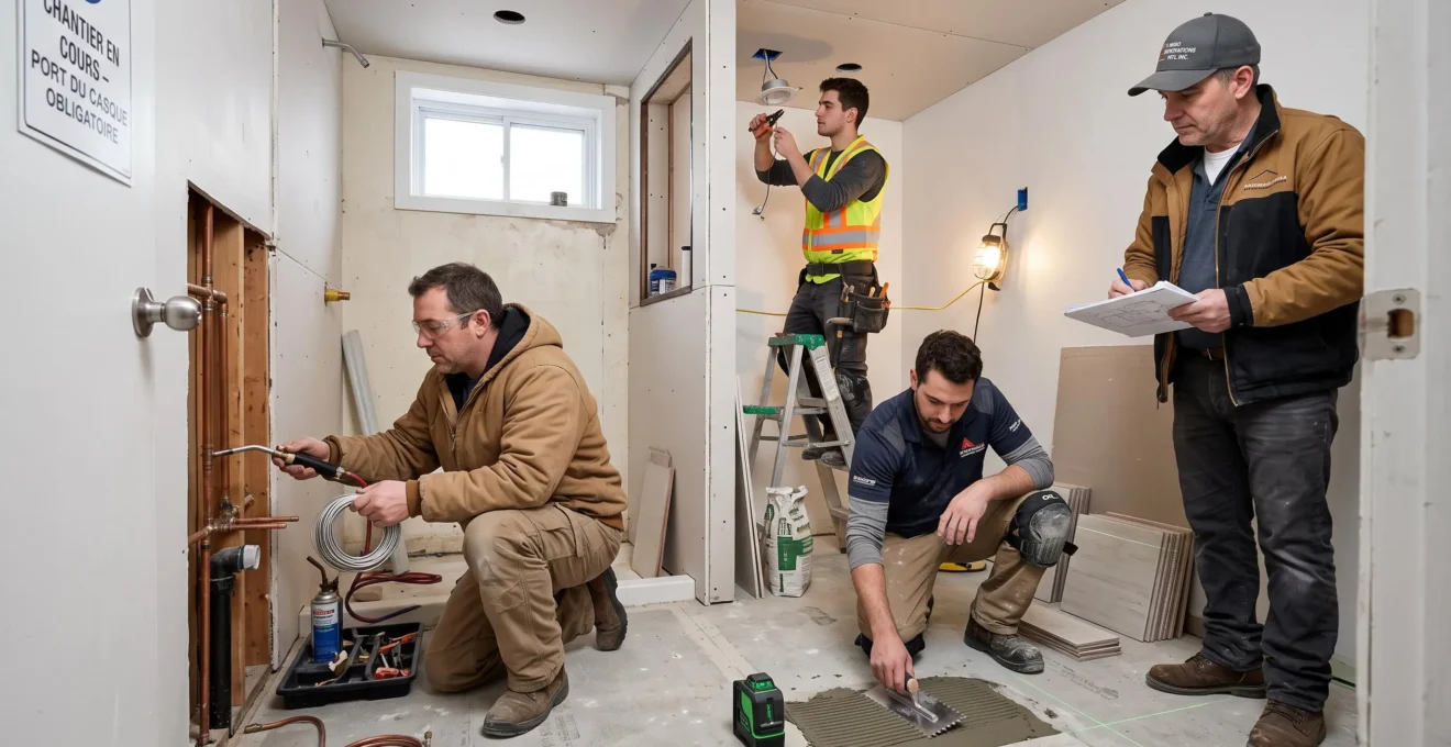 Chantier coordonné de rénovation de salle de bain montrant plombier, électricien et poseur de carreaux collaborant sous supervision d'entrepreneur général dans maison montréalaise, illustrant organisation professionnelle multi-corps-métiers