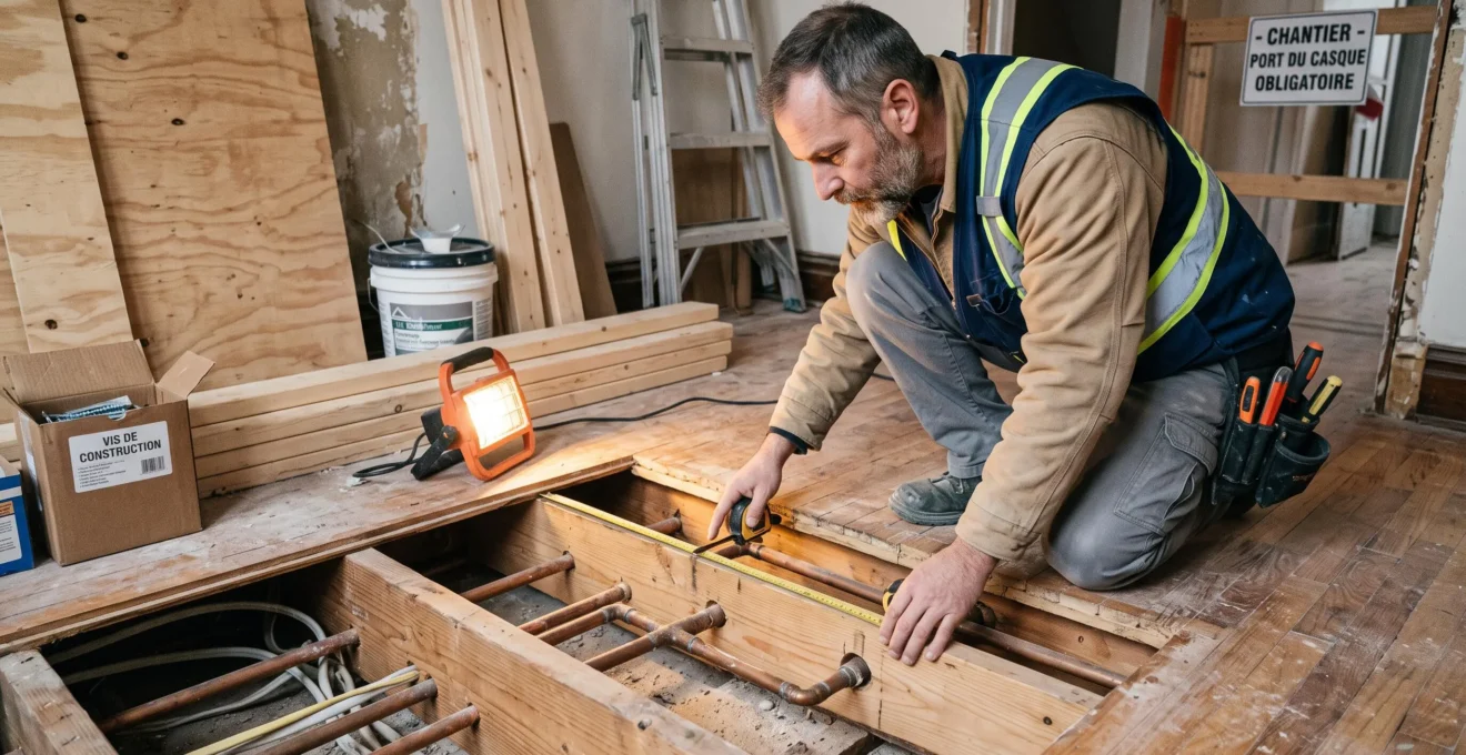 Professionnel du bâtiment inspectant solives de plancher et tuyauterie exposées dans maison montréalaise lors d'évaluation pré-rénovation, révélant installations techniques cachées